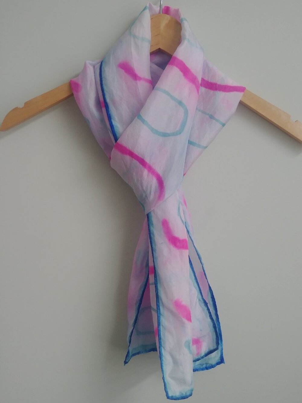 100% silk long skinny narrow scarf tie dye swirl blue white and pink